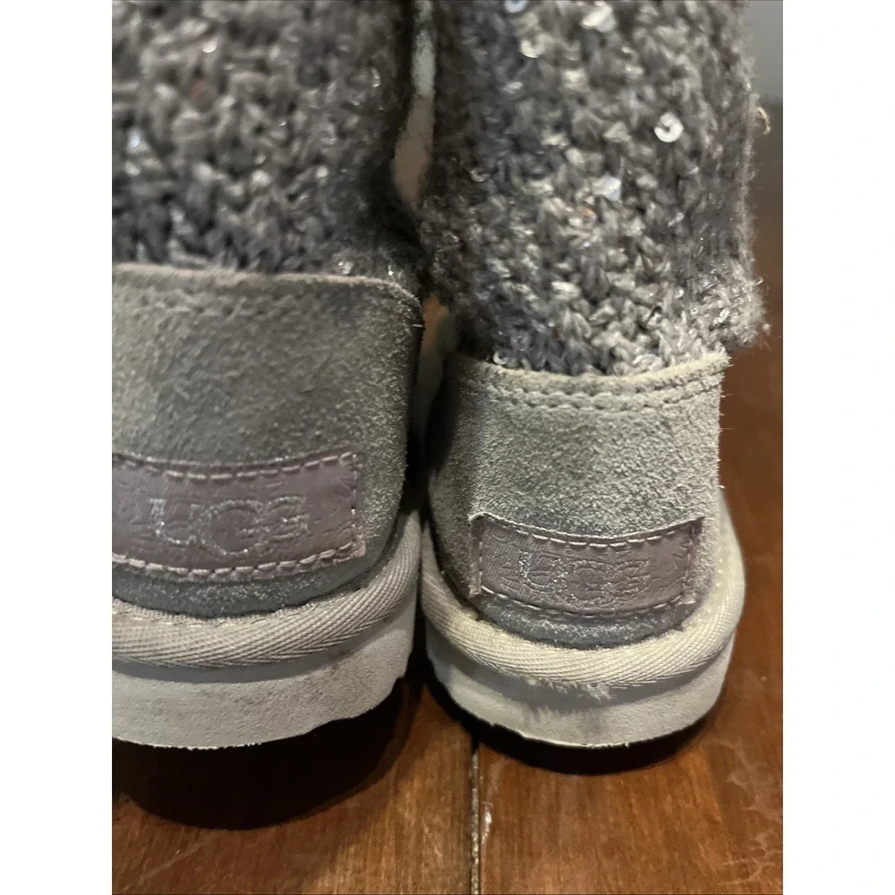 UGG Treadlite Silver Gray Sequin Knit Mid Calf Sweater Boots‎ Shoes Kids Size 12